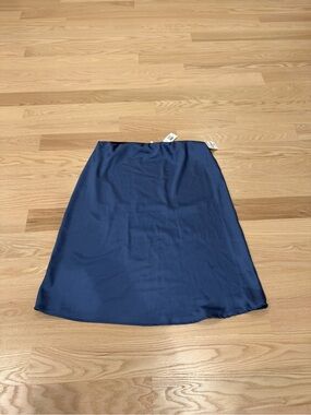 The Vanity Room Navy Satin A-Line Midi Skirt